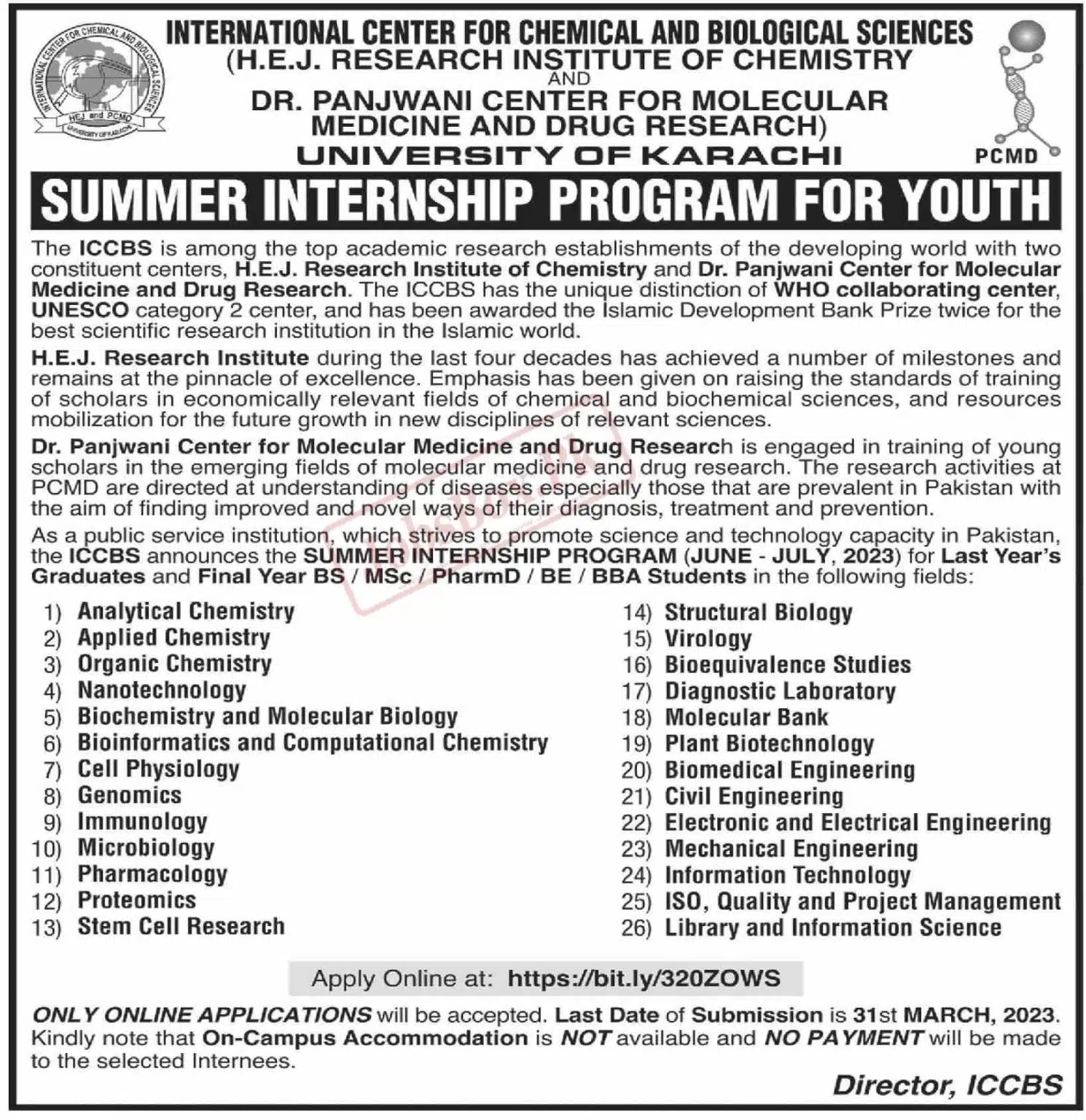 ICCBS University of Karachi UOK Summer Internship Program 2023 - Latest Advertisement