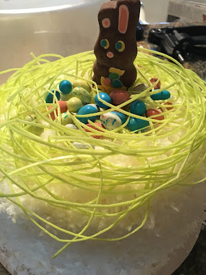 coconut layer cake decorated with candy grass, malted robins egg chocolates, and a chocolate easter bunny, make my day camp Jill Pasant