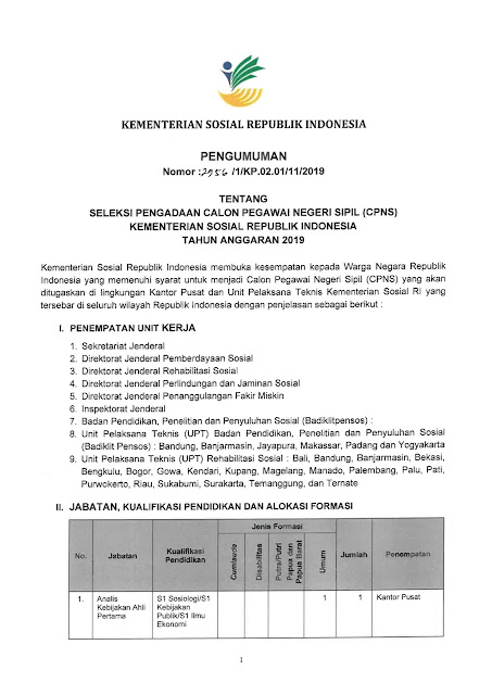 SELEKSI PENGADAAN CALON PEGAWAI NEGERI SIPIL  Pengadaan CPNS Kementerian Sosial Republik Indonesia Tahun Anggaran 2019