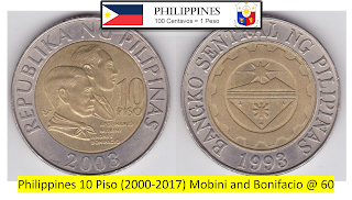 Philippines 10 Piso (2000-2017) Mobini and Bonifacio @ 60