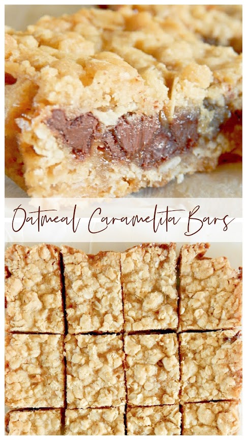 Collage photos of oatmeal caramelita bars
