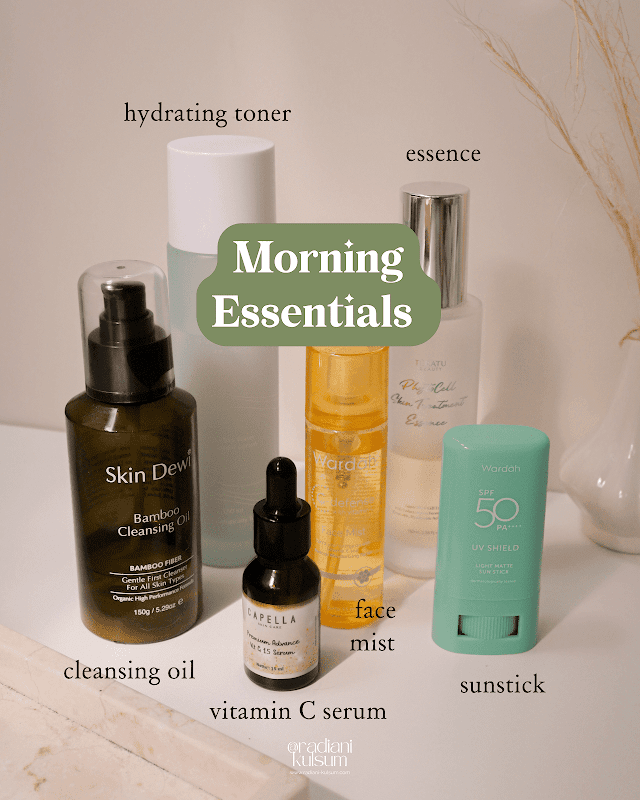 Morning Skincare Essentials (Cleansing Oil, Hydrating Toner, Essence, Vitamin C Serum, Sun Stick, Face Mist)