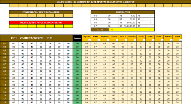 Dia de sorte 20 dezenas cercando 6 acertos