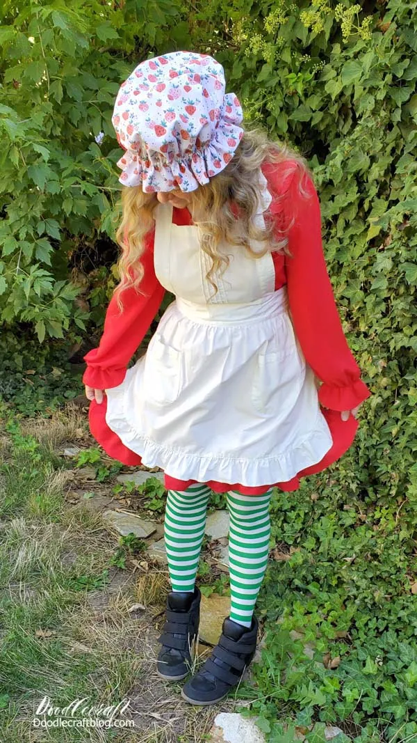 I've wanted to do a Strawberry Shortcake Costume cosplay for years--nay, decades. I've been planning this costume since 2004. It's really been THAT long.    I've had the tights and the strawberry in my stash for easily 10 years.     I had a patch of Custard that I had planned on sewing on my Strawberry Shortcake apron...but instead put it on my jean jacket last year (see this post).