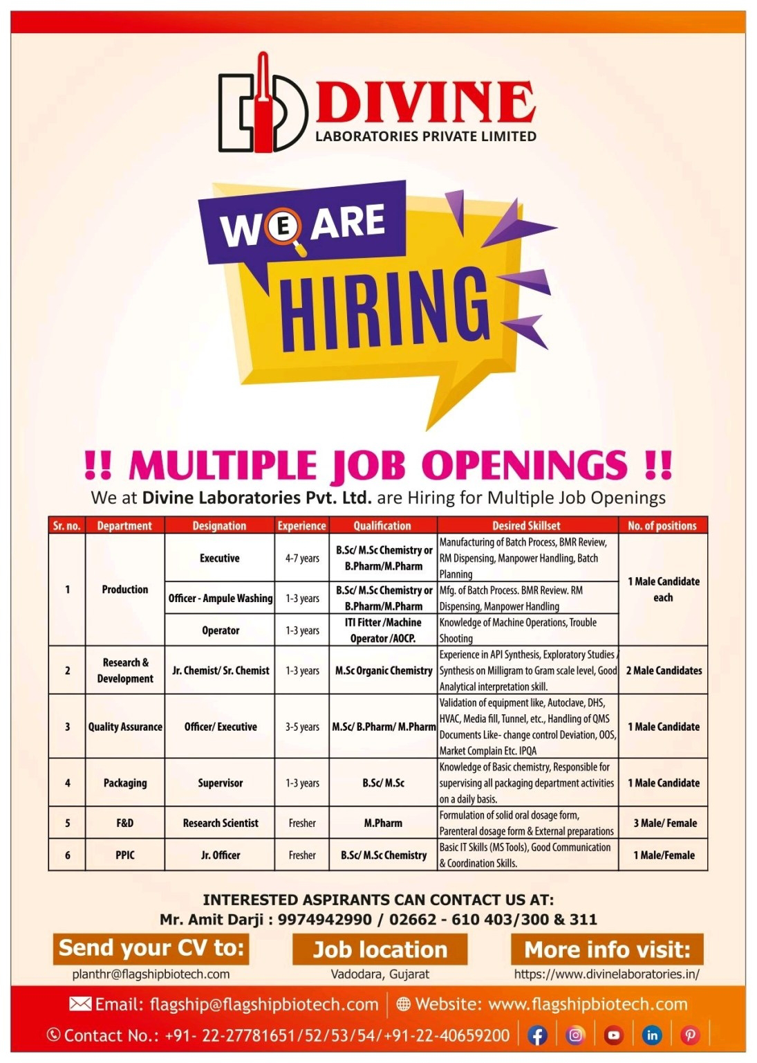 Job Availables, BSc/ MSc/ B Pharm/M Pharm/ ITI Fitter/ Machine Operator/ AOCP Job Vacancy For Fresher/ Experienced Candidates At Divine Laboratories Pvt Ltd