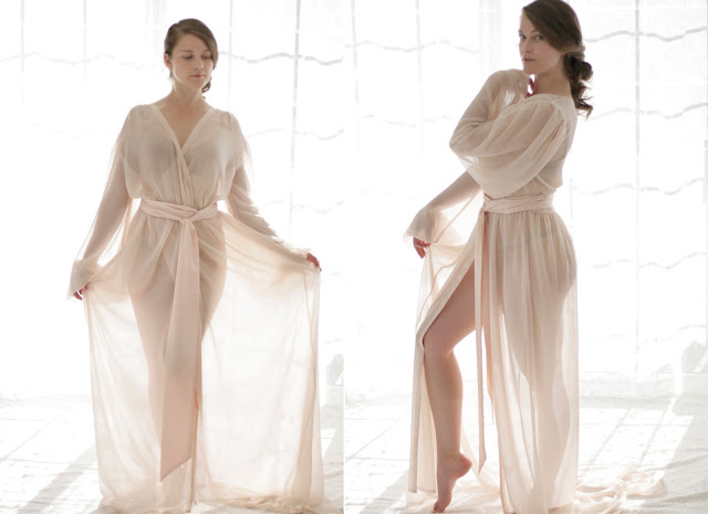 Custom wedding chiffon robe with poet sleeves, gathered skirt. Made to measure curvy plus size tall lingerie