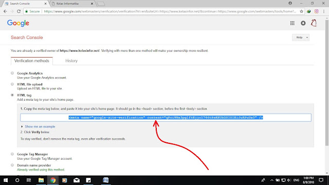 Kelas Informatika - Verifikasi Google Webmaster Tools Metode HTML Tag