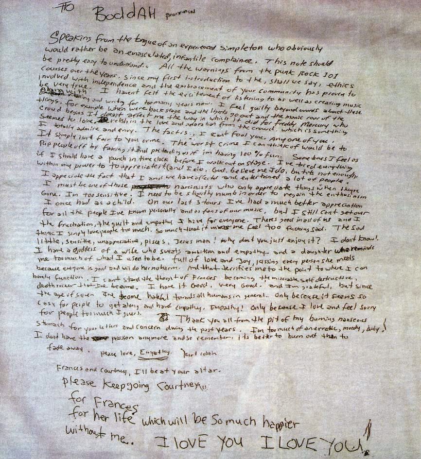 Carta de suicidio de Kurt Donald Cobain NIrvana