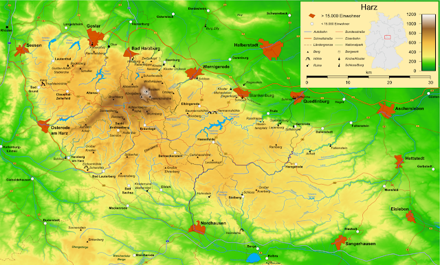 mapa das montanhas de Harz, Alemanha