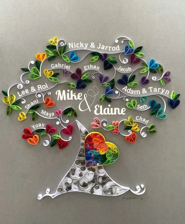 quilled family tree with multicolor heart-shaped leaves and names inserted on branches