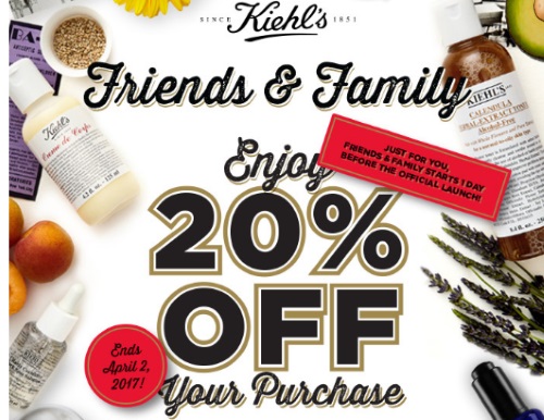 Kiehls Friends & Family Event 20% Off Promo Code