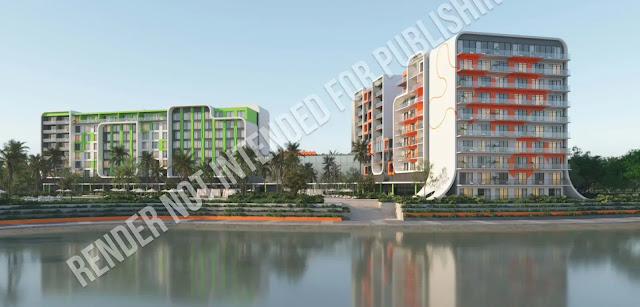 All of the hotels in Everest Place will be built overlooking the new man-made lake and will be connected by a walkway. The hotel tower is slime green. The condo tower is orange. (Rendering by GVA)