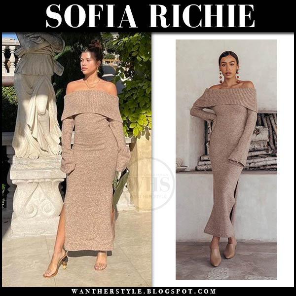 Sofia Richie in tan off shoulder knit dress