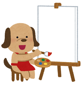 キャンバスに絵を描く動物のキャラクター（犬）