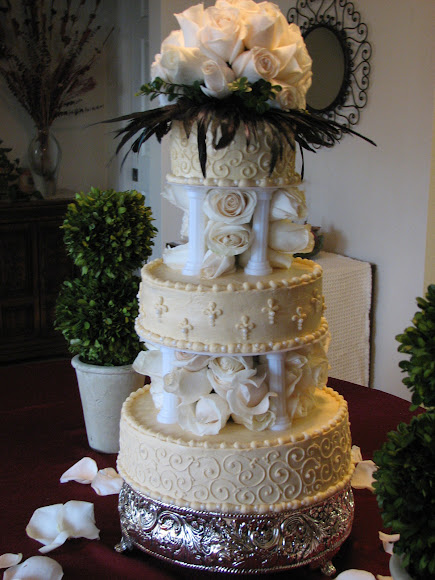 Shabby Chic Wedding Cake Alternating tiers of chocolate cake filled with