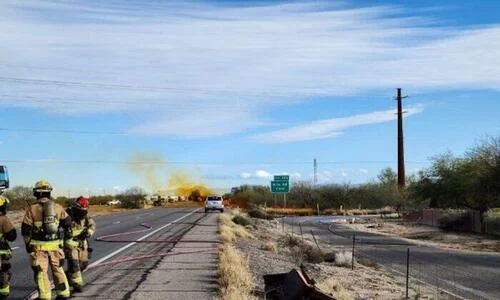 A commercial truck tanker rolled over on Interstate 10 in Tucson, Ariz., on Feb. 14, 2023.