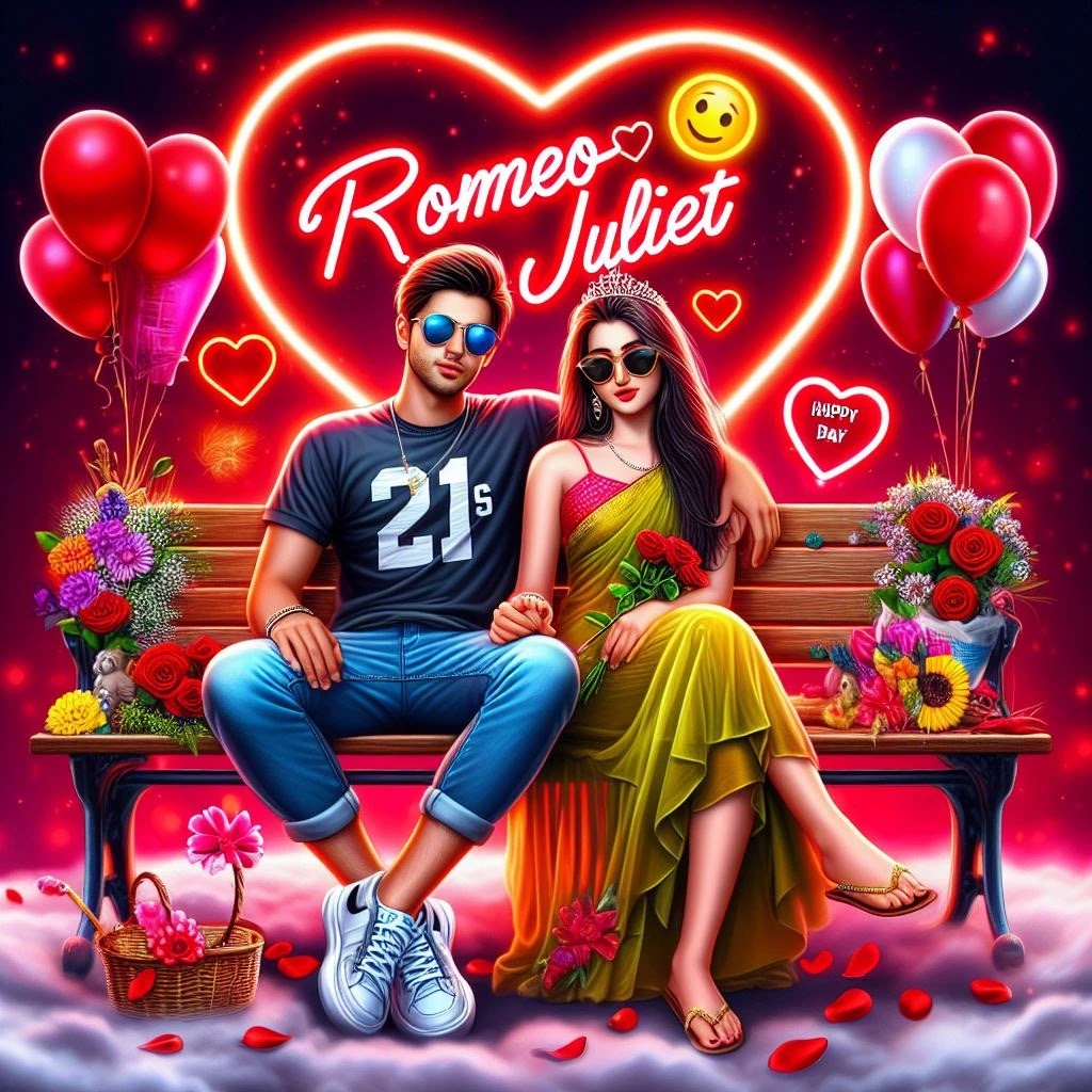 21-Year-Old Couple's Serene Bench Embrace with 'Romeo❤️ Juliet' in Red Neon Splendor amid Cloudscapes