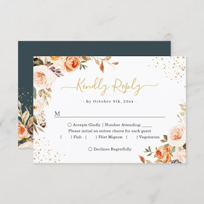  Gold Confetti Autumn Floral Leaves Wedding RSVP Card