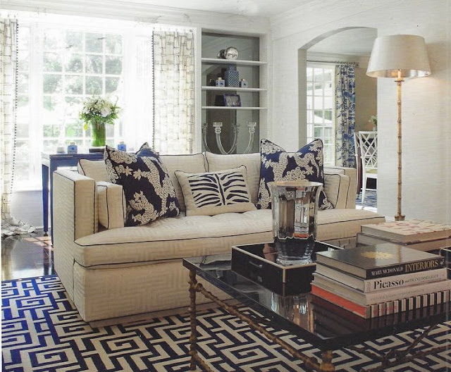 blue and white traditional living room greek key rug