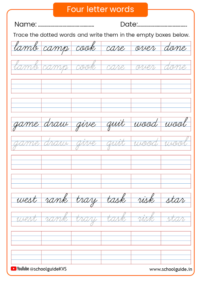 Four Letter Words Cursive Worksheets