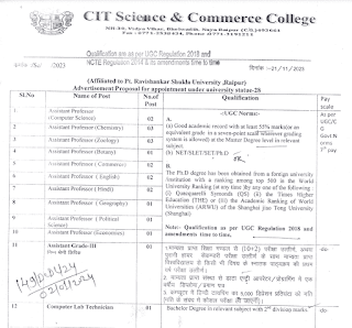 CIT College Raipur Vacancy 2024 | रायपुर में लिपिक, सहायक ग्रेड 3, कंप्यूटर लैब टेक्नीशियन एवं अन्य पदों की वेकेंसी