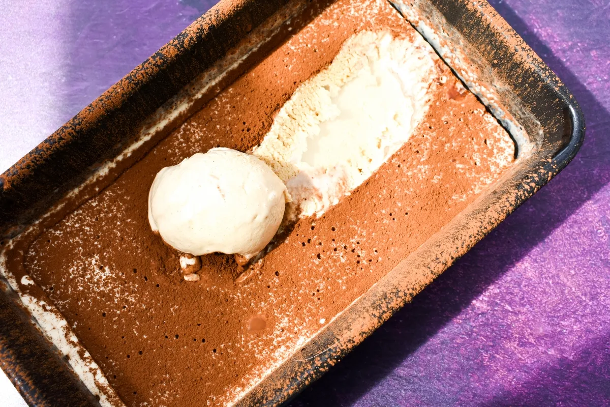 Homemade plant-based coffee ice cream topped with a dusting of cocoa powder.