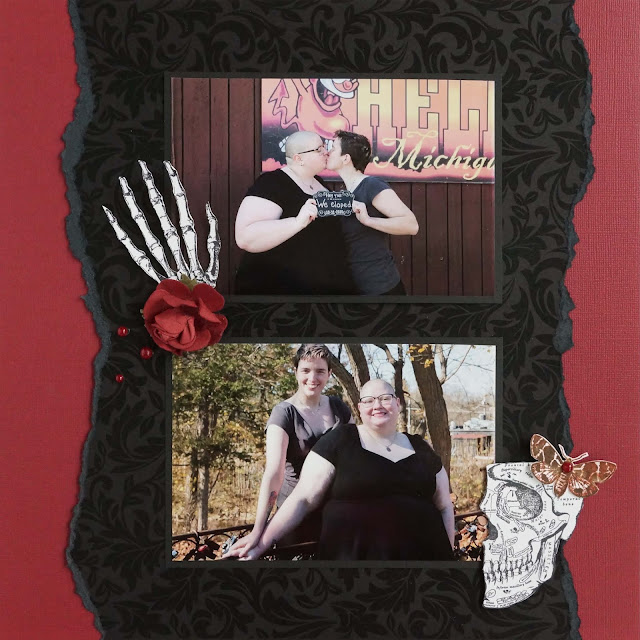 Halloween Wedding Scrapbook Page made with: Bazzill cardstock; Colorplay paper; Tim Holtz Stamper's Anonymous anatomy chart stamps and moth study stamps, Ranger Ink crackling campfire Distress Ink; Doodlebug mini pearls; Graphic 45 rose bouquet
