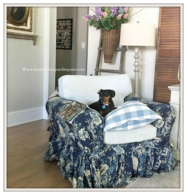 French-Country-Farmhouse-Living room Furniture & Decor-Ballad Bouquet-slip Cover-Blue & White-Buffalo Check-Ektorp Chair- From My Front Porch To Yours