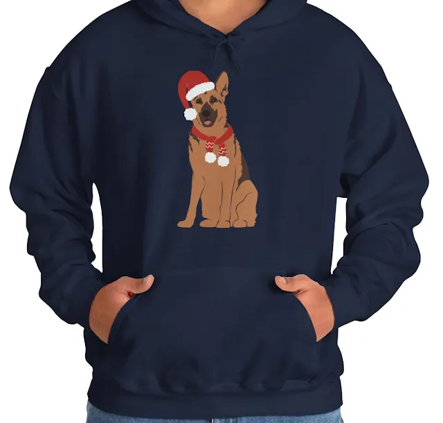 A Hoodie With Show Line German Shepherd Wearing a Christmas Santa Claus Cap & Red Muffler