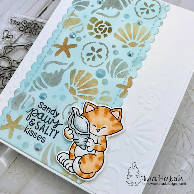 Sandy Paws & Salty Kisses Card by Tina Herbeck | Newton's Seashell Stamp Set, Slimline Frames & Portholes Die Set and Seashells Stencil by Newton's Nook Designs #newtonsnook #handmade