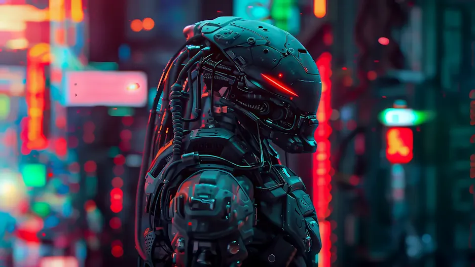Advanced robotic head profile with intricate details against a neon-lit cyberpunk city backdrop.