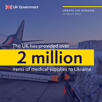 UK has provided over 2 million medical supplies to Ukraine - text over semi transparent image of plane
