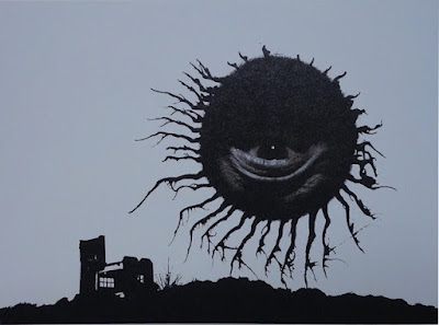 Large floating black orb with giant eyeball and black tendrils resembling spider legs or tree roots looking down on a building from over the horizon