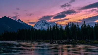 Pink Sky, Sunset, Lake, Mountains, Forest, Trees