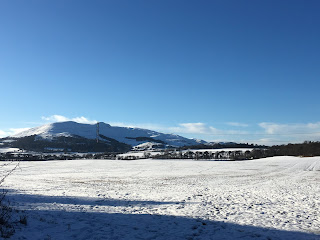 Snowy Pentlands in the distance and snowy farmlands.