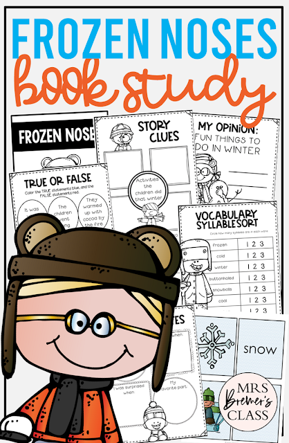 Frozen Noses book activities unit with literacy printables, reading companion activities, lesson ideas, and a craft for winter in Kindergarten and First Grade