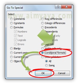  Gambar: Cara memilih conditional formats  pada dialog Go To Special di Microsoft Excel