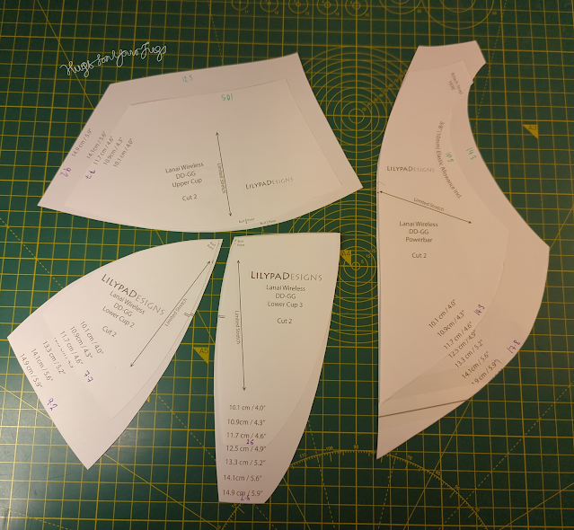 Photograph of cup pattern pieces laid out in two different sizes - one for volume, the other for wireline length.