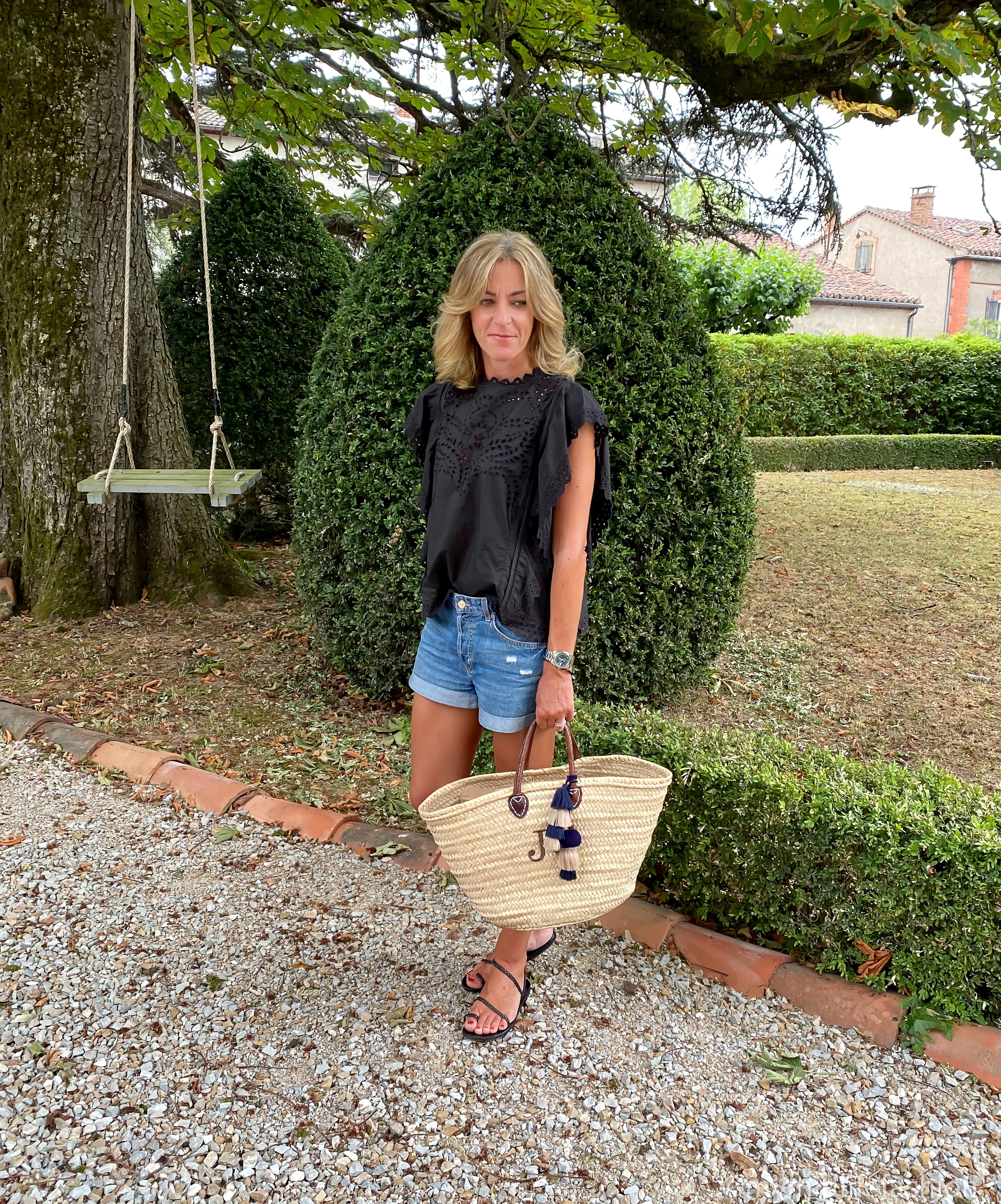 my midlife fashion, Isabel marant etoile broderie anglaise top, h and m denim boyfriend shorts, initially London covent shopper basket, Ancient Greek plaited flat sandals