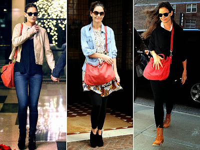 Katie Holmes accessorizes her drab winter clothes with bright colored purse, her Clare Vivier messenger bag.