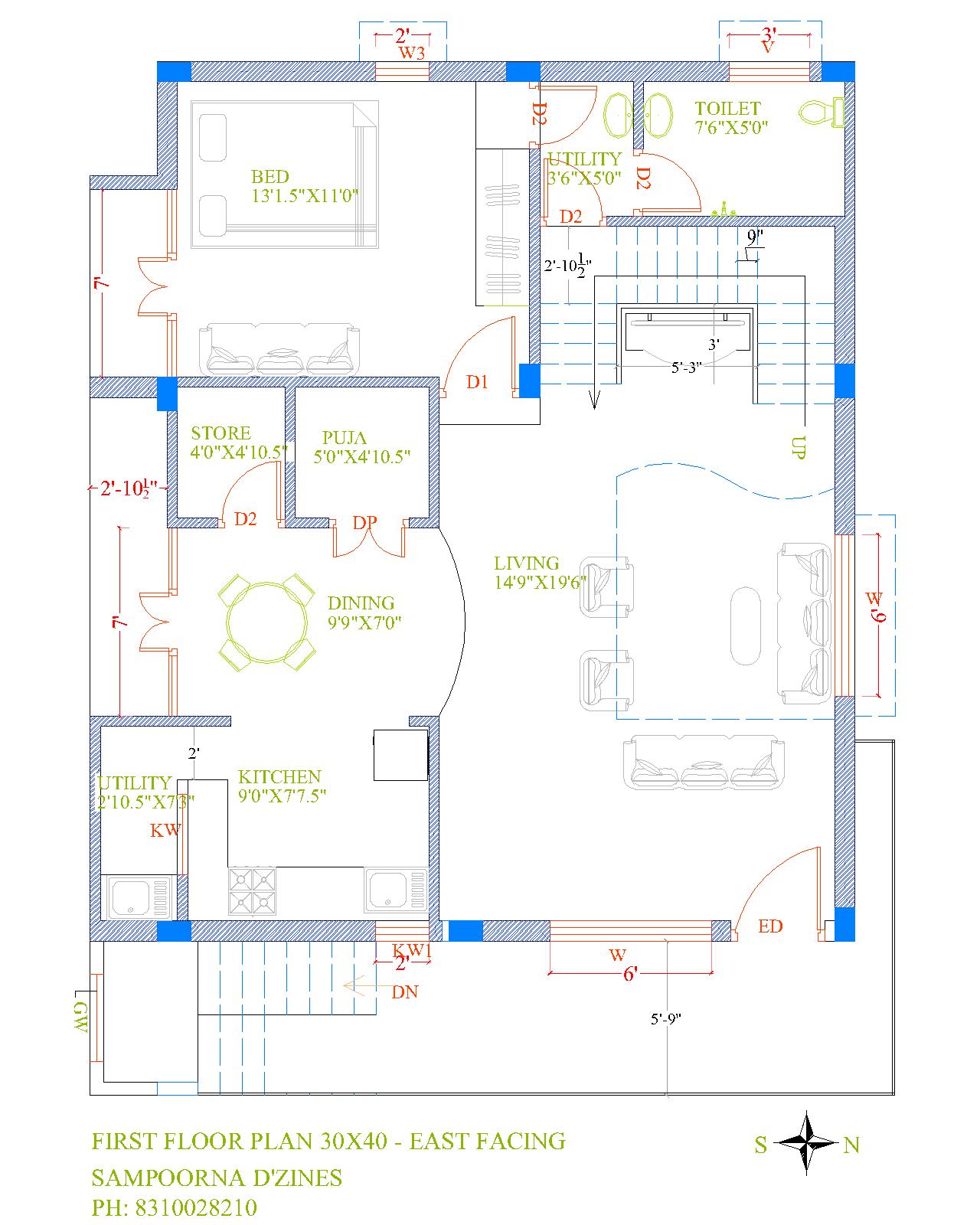 30x40  House  Plans  Duplex 3BHK G 2 any Facing  with Vastu  