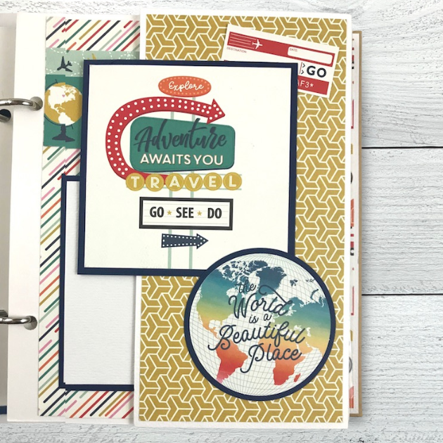 Travel Memories Scrapbook Album page with globes, neon signs, and fabulous colors