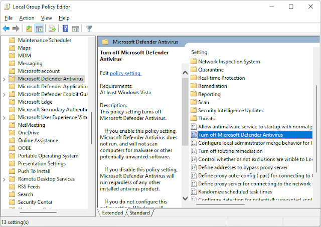 Menonaktifkan Microsoft Defender melalui Gpedit
