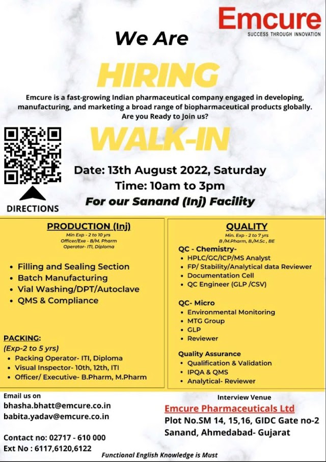 Emcure Pharma | Walk-in interview at Ahmedabad for Production/QC/QA on 13th Aug 2022