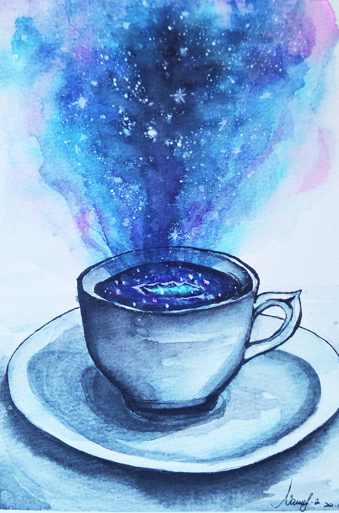 How to draw Galaxy Coffee with watercolor step by step tutorial