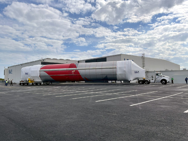 The Vulcan core stage booster arrives at ULA's Atlas Spaceflight Operations Center (ASOC) in Cape Canaveral Space Force Station, Florida...on January 22, 2023.