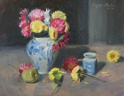 White-Blue Flower pot painting Sanjay Shelar