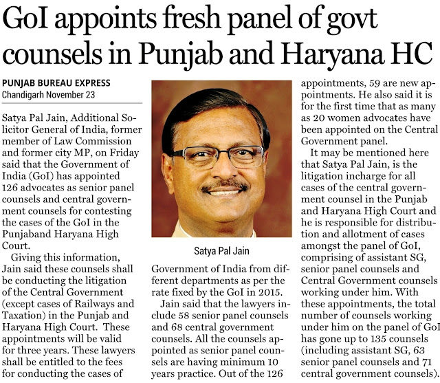 GoI appoints fresh panel govt counsels in Punjab and Haryana HC