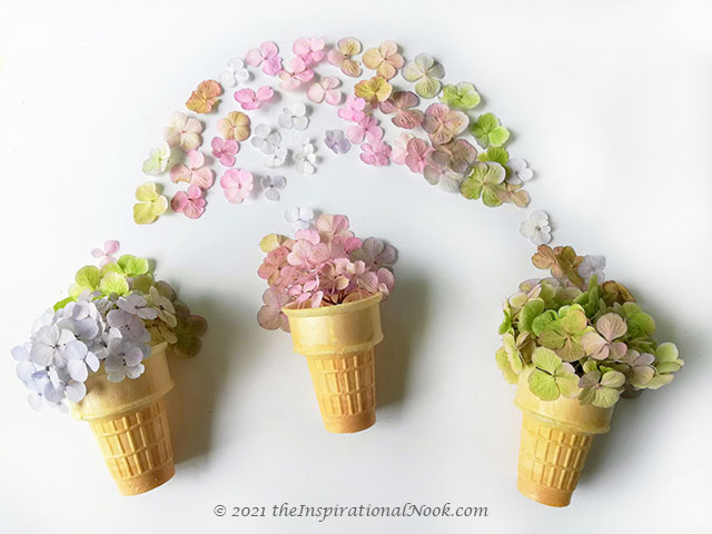 Hydrangea flat lay, floral collage, fresh colorful hydrangea, flower still life photo, hydrangea ice cream cones, floral wall art, floral ice cream cone, nursery decor, floral art, floral still life