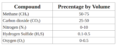Typical composition of bio gas. Presence of Methane is 50-75%, Carbondioxide is 25-50%, Nitrogen is 0-10%, Hydrogen sulfide is 0.1-0.5%, oxygen is 0-0.5%